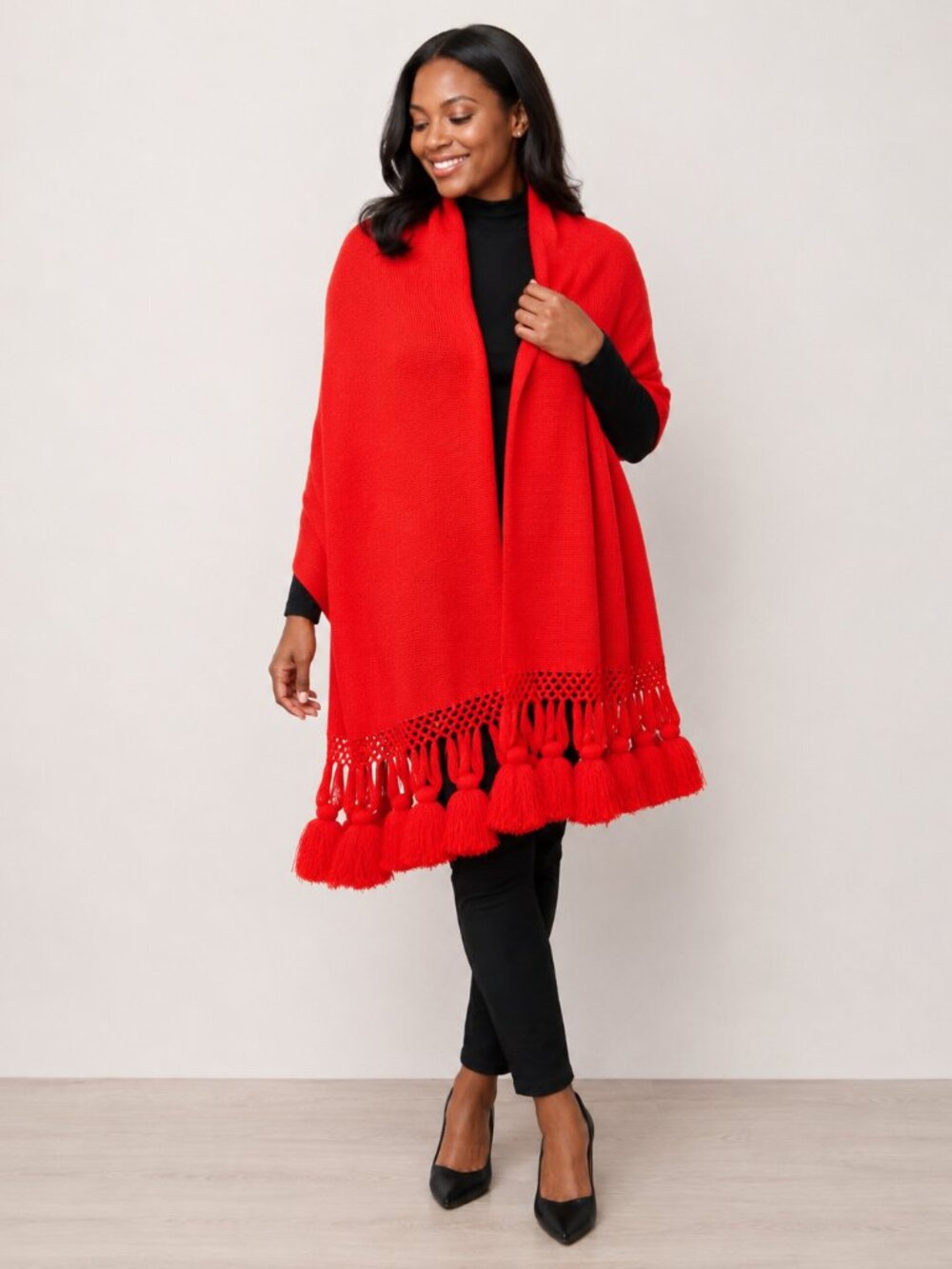 Red Pashmina Wrap With Tassles Shawl for Women Wool Cotton Blend 80" x 26" - Picture 2 of 9